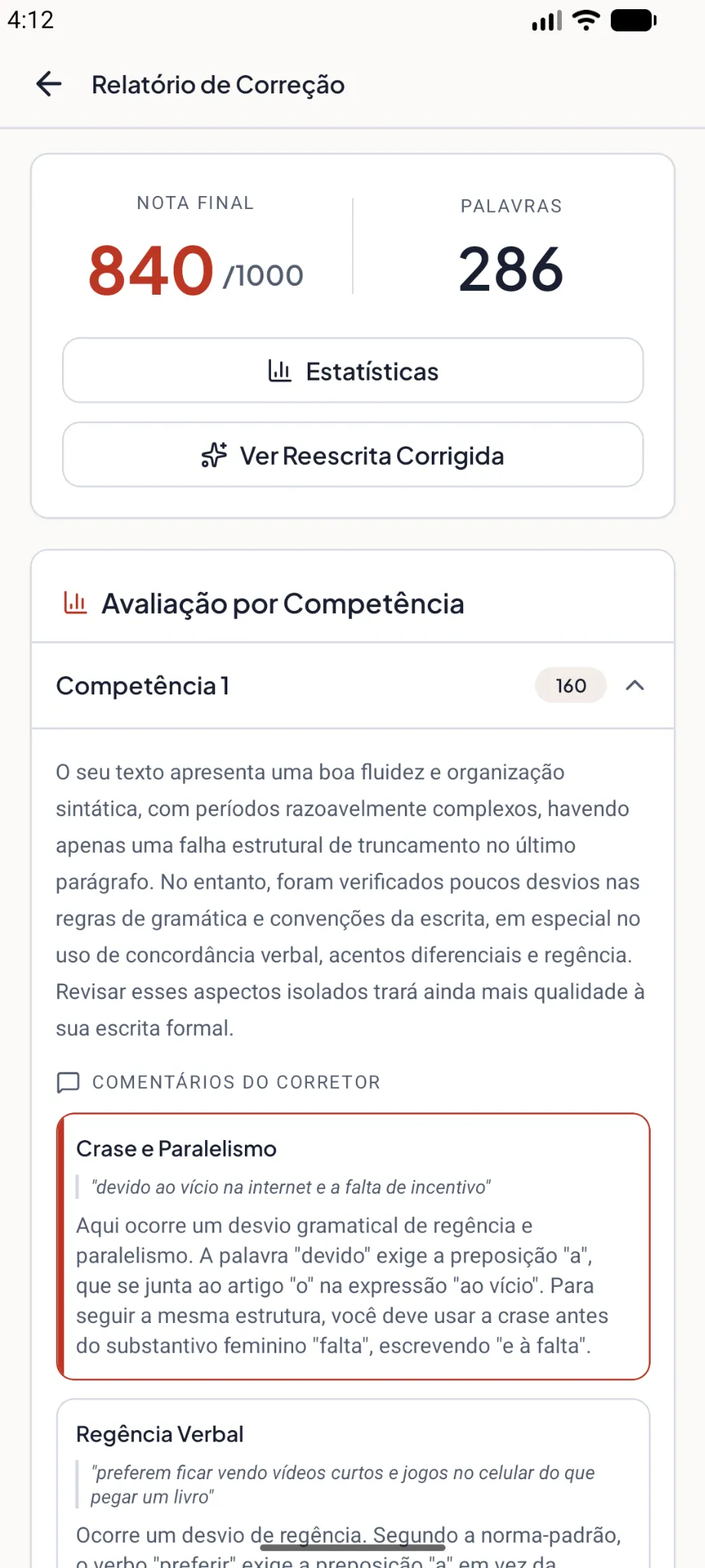 Relatório de correção do aplicativo Redafy com nota por competência e comentários no trecho