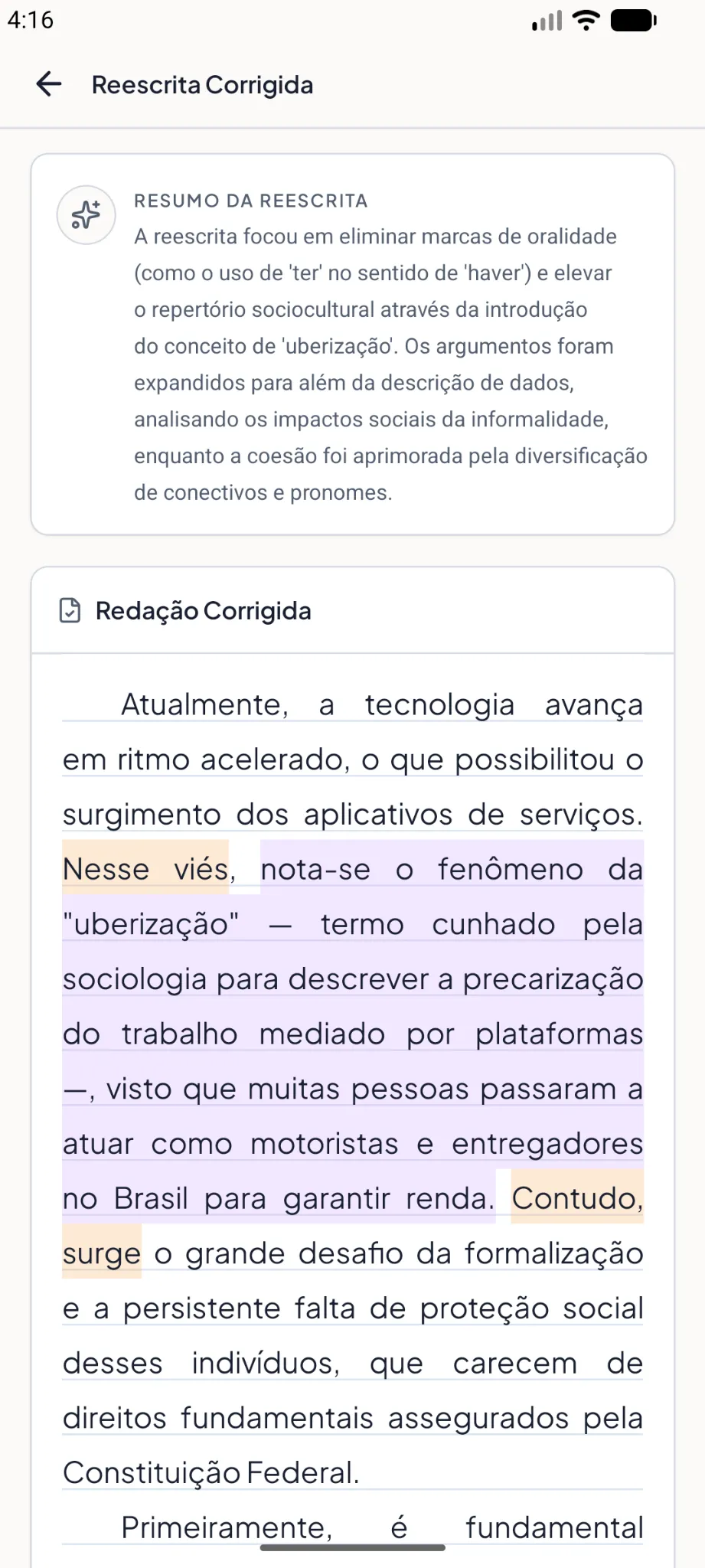 Tela de reescrita corrigida do aplicativo Redafy com a redação revisada e marcações